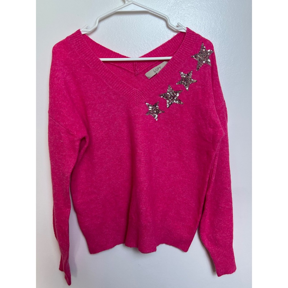 LOFT Women Hot Pink Sequin Star V-Neck Wool Blend Sweater S NWT‎ Barbiecore Loft